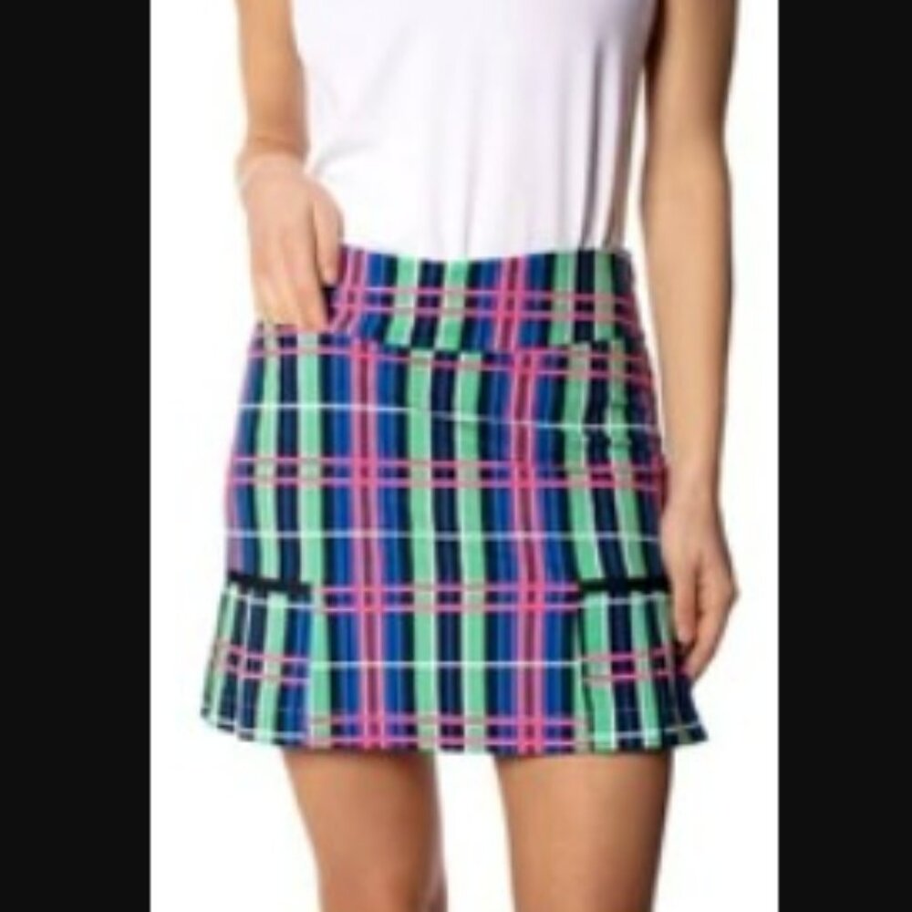 Golftini Side Pleats Plaid Navy, Pink, Green Golf Skort Size 8.